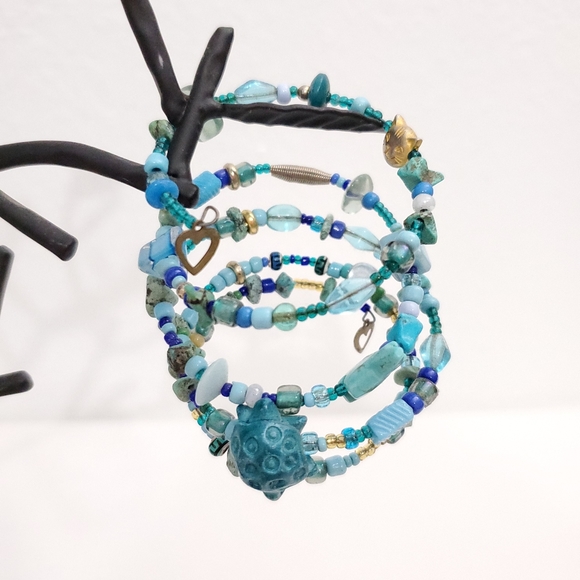 Coil Beaded Teal & Gold Bracelet - Picture 1 of 5